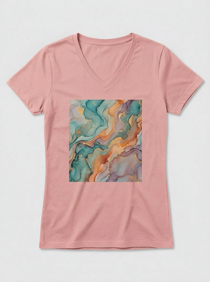 Women's Abstract Art Marble Printed V-Neck T-Shirt