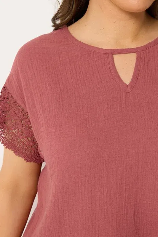 Rust Orange Cheesecloth Crochet Top