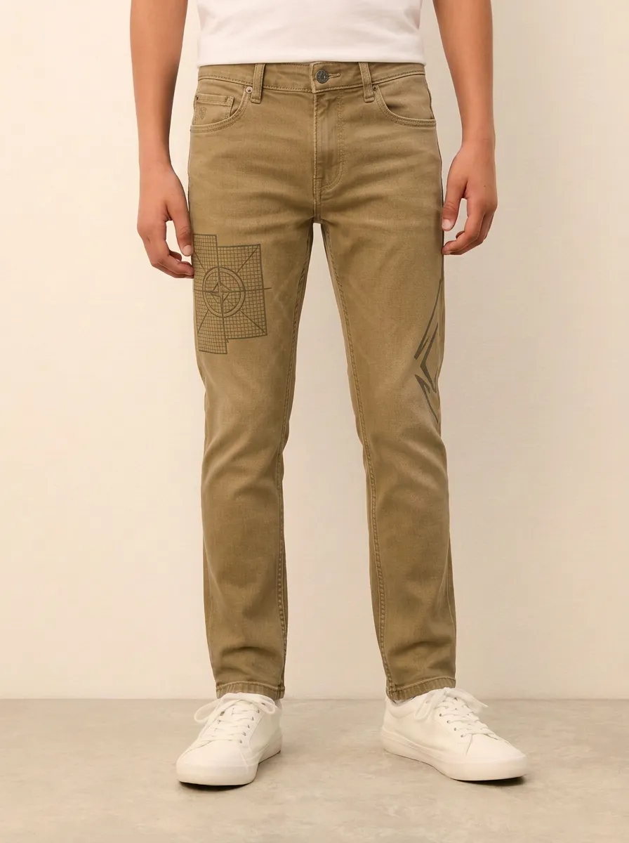 Men's Geometric Compass Grid Printed Stretch Jeans