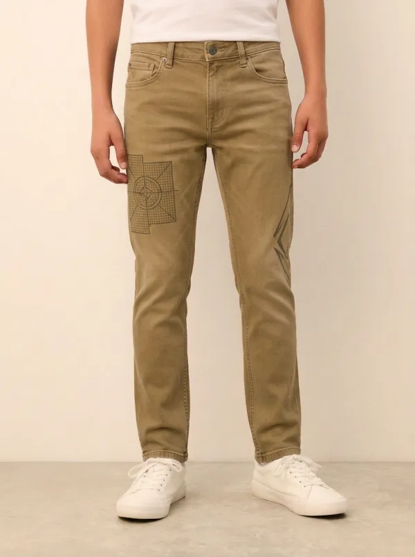 Men's Geometric Compass Grid Printed Stretch Jeans