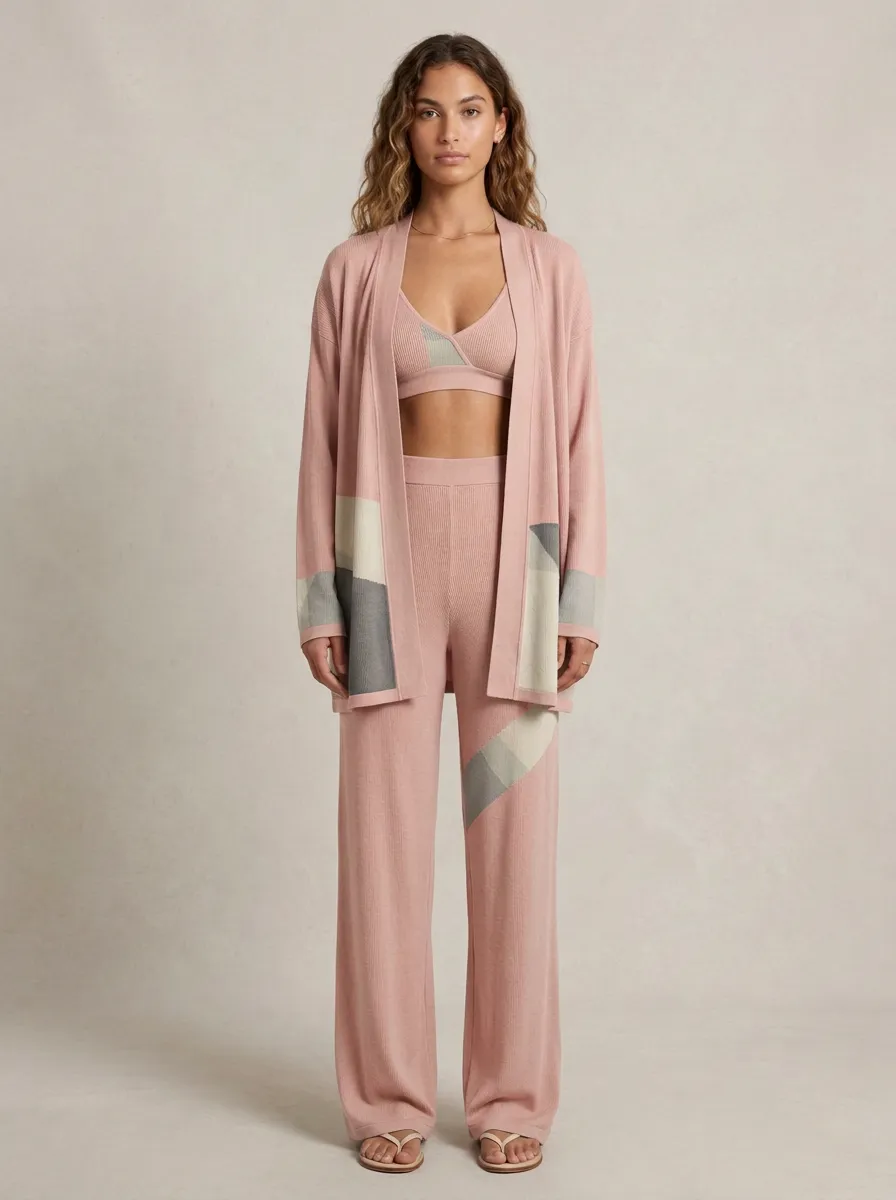 Colorblock Ribbed Cardigan Lounge Set