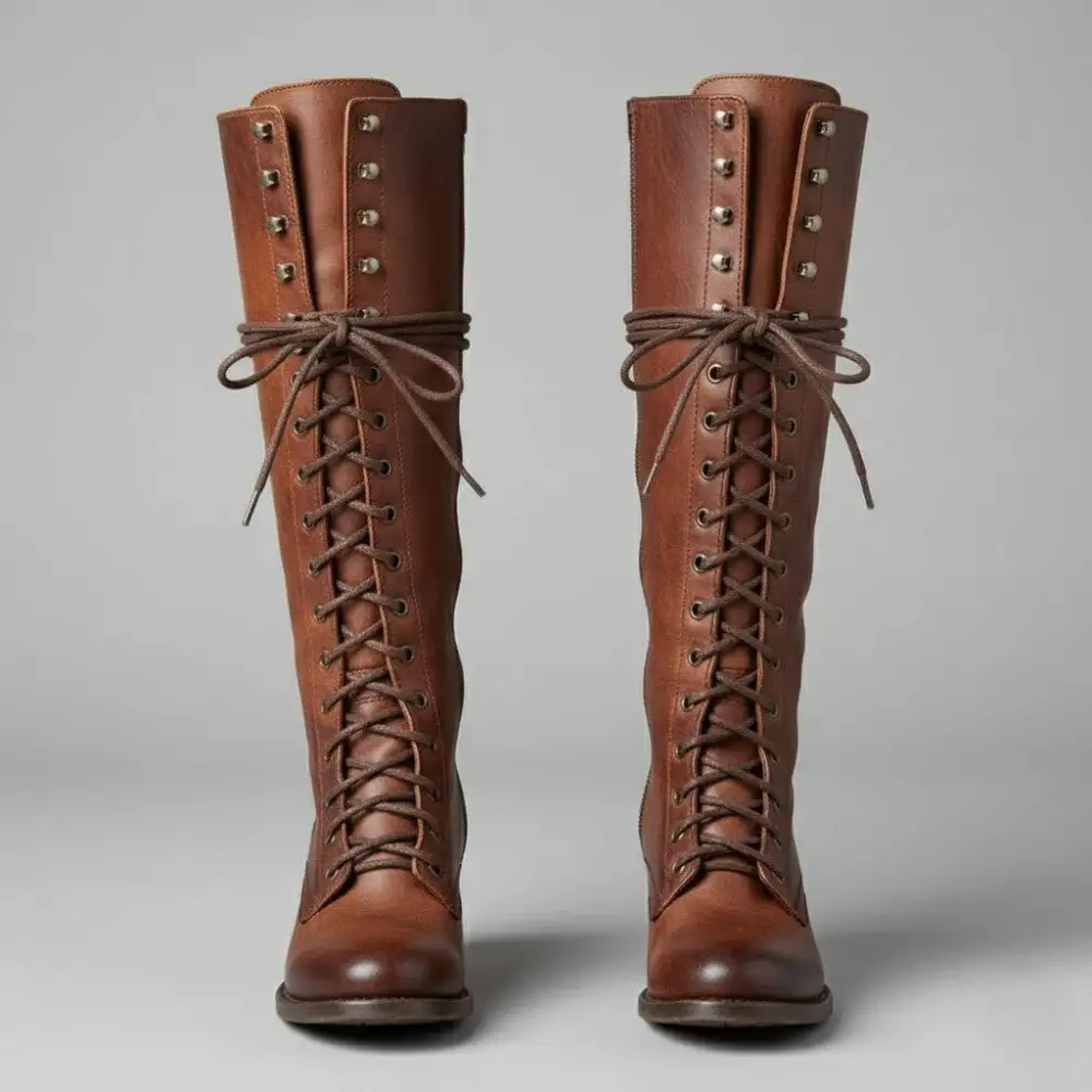 Lace Up Knee Tall Boots Block Heel Modern Tall Combat Boots