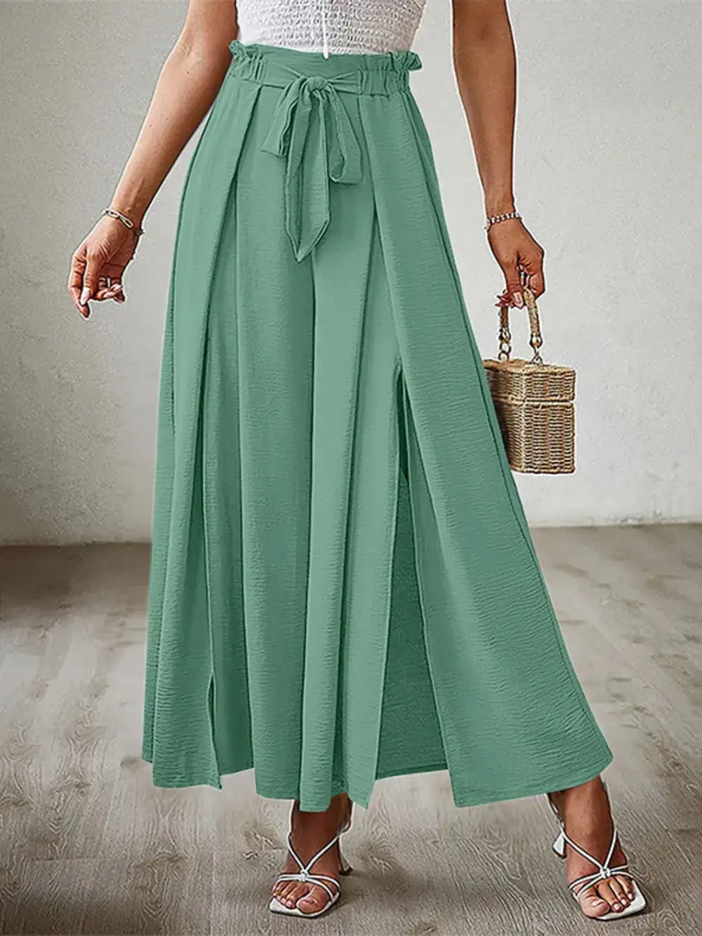 Wide Leg Tie Waist Slit Detail Casual Pants