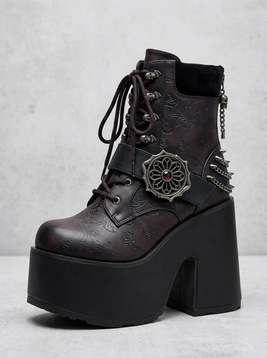 Rebel Skull Rose Chain Design Women's Gothic Platform Boots