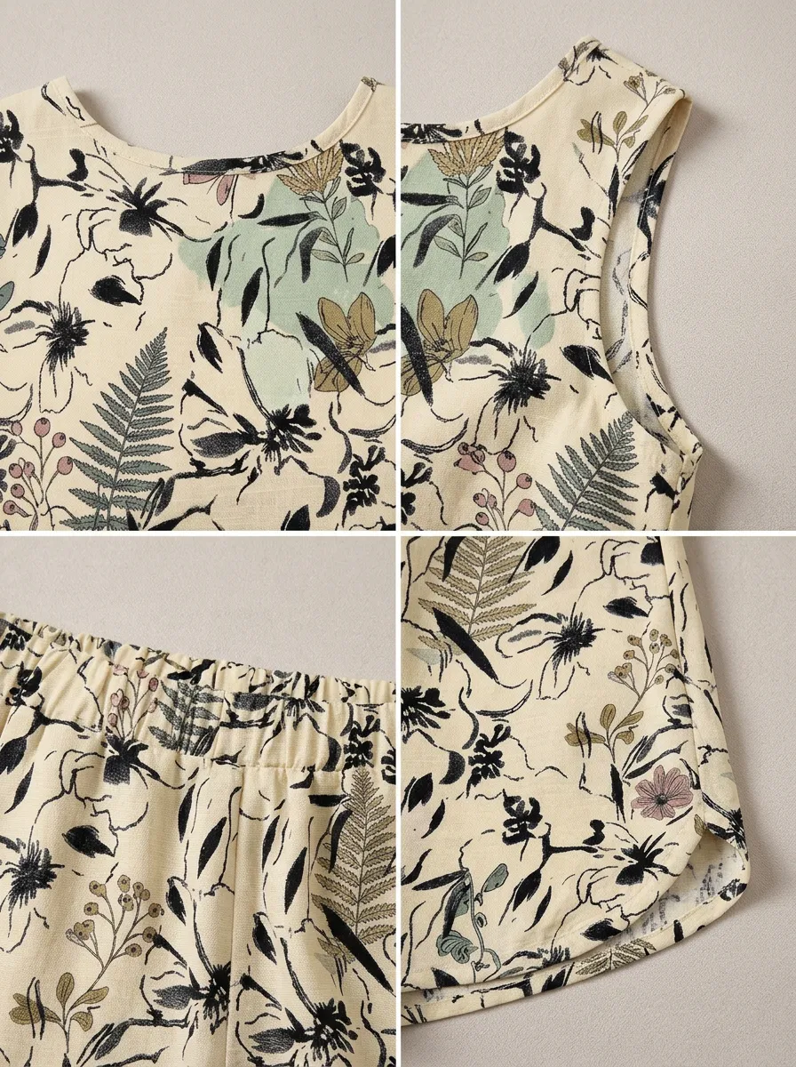 Women's Botanical Floral Fern Printed Sleeveless Shorts Set