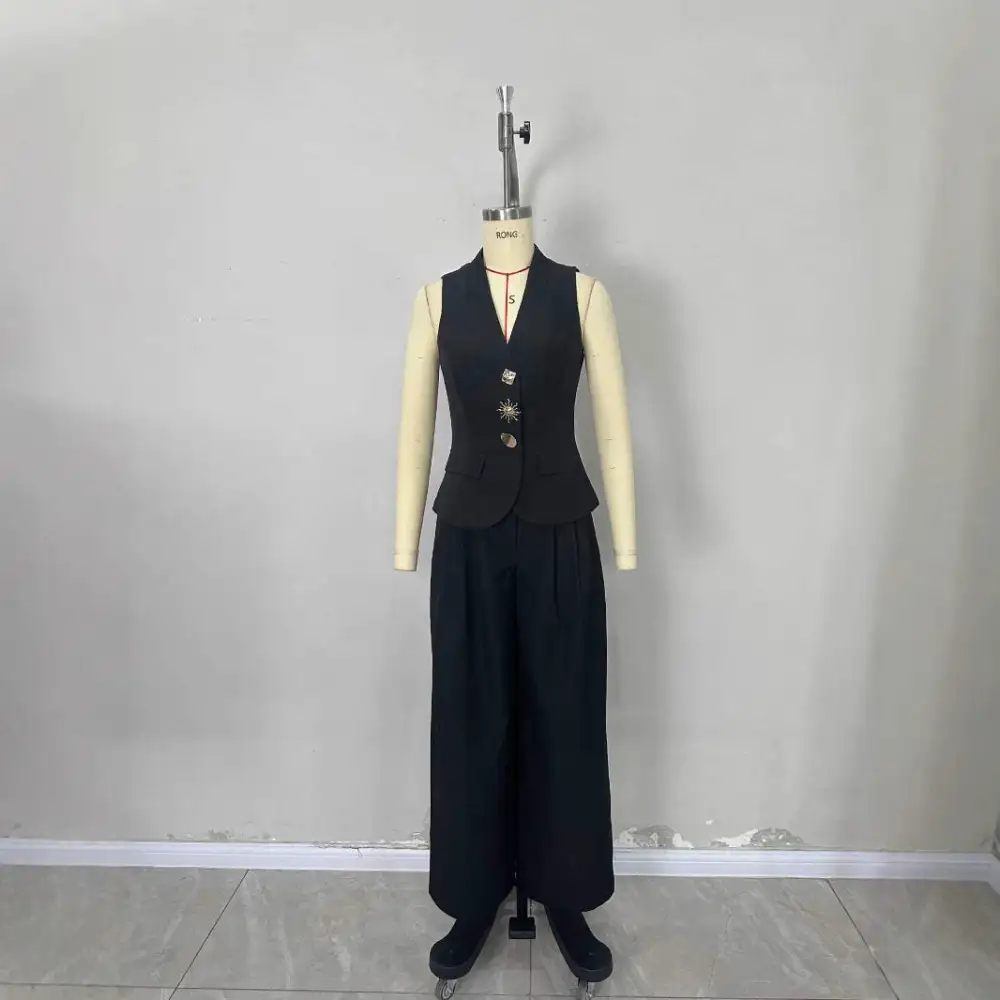 V-Neck Vest High-Waist Wide-Leg Pants Set