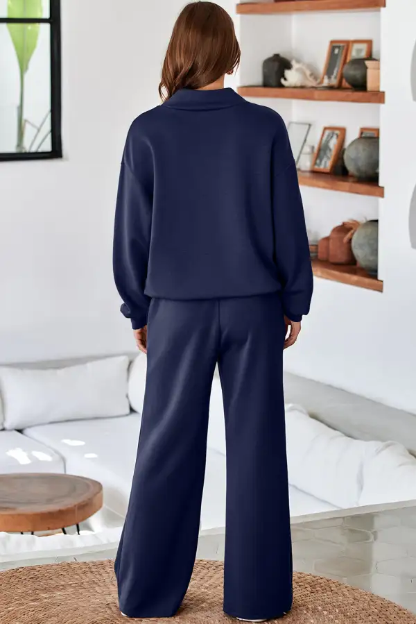 Women's Solid Color Cowl Neck Drawstring Pullover Wide Leg Athleisure Pants Set