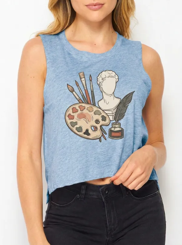 Women's Artist Lover David Statue Paintbrush Printed Crop Tank Top