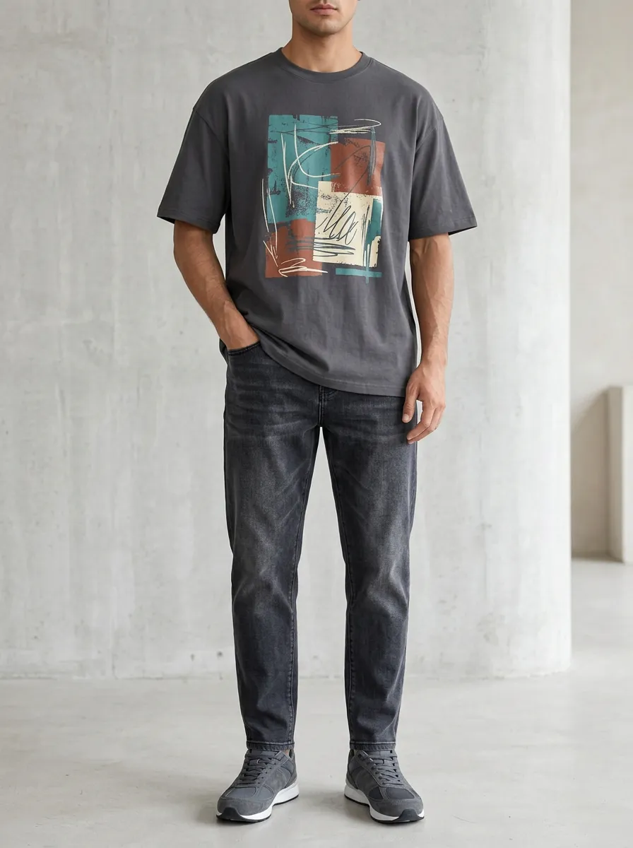 Men's Abstract Graphic Printed T-Shirt and Jeans Set