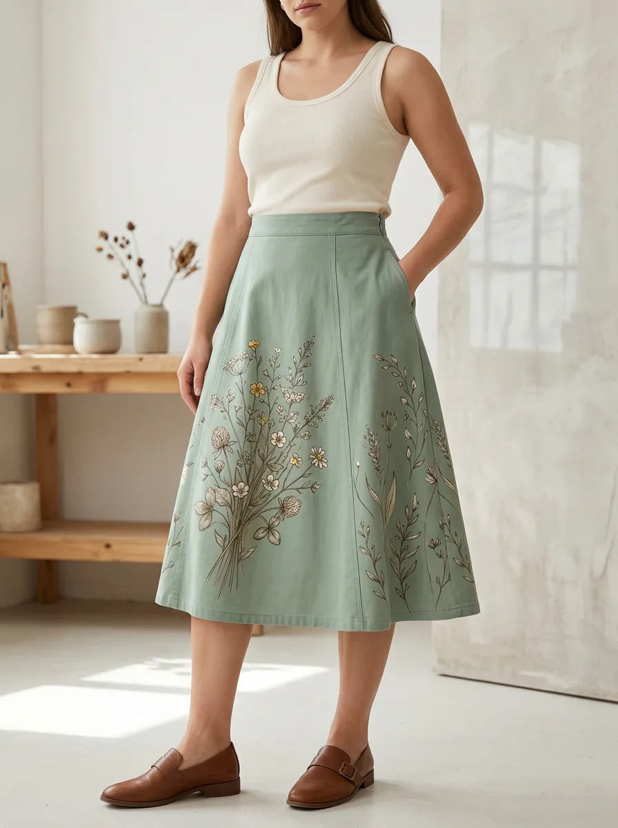 Women's Floral Embroidered A-Line Midi Skirt