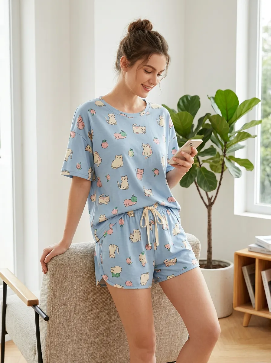 Women's Cat Fruit Lover Cute Cartoon Printed Pajama Set