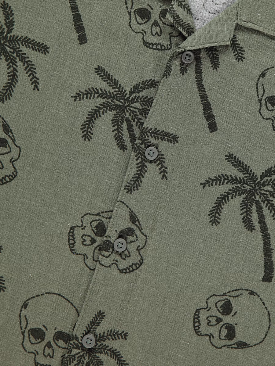 Khaki Skull Palm Tree Short Sleeve Shirt with Linen detail 1