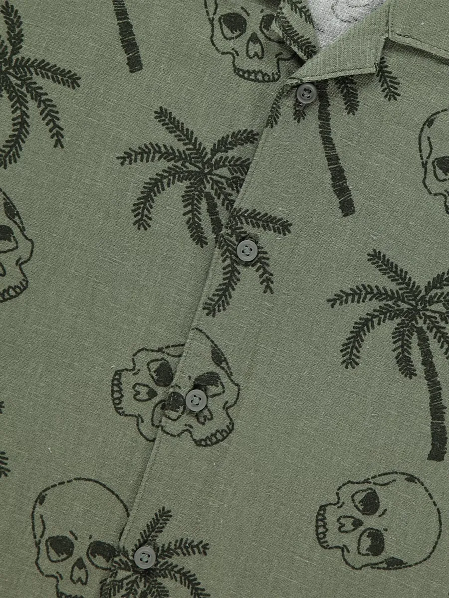 Khaki Skull Palm Tree Short Sleeve Shirt with Linen