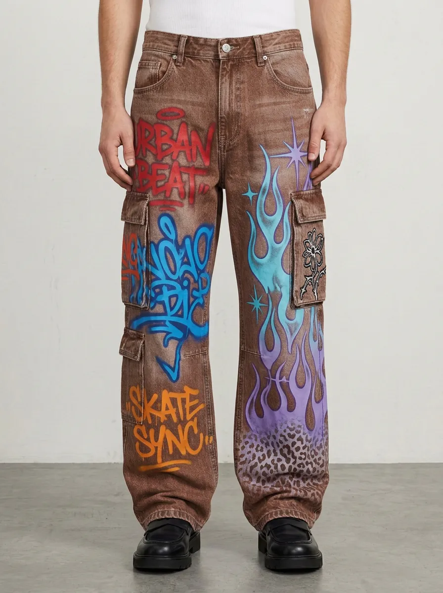 Men's Streetwear Graffiti Flame Graphic Cargo Jeans