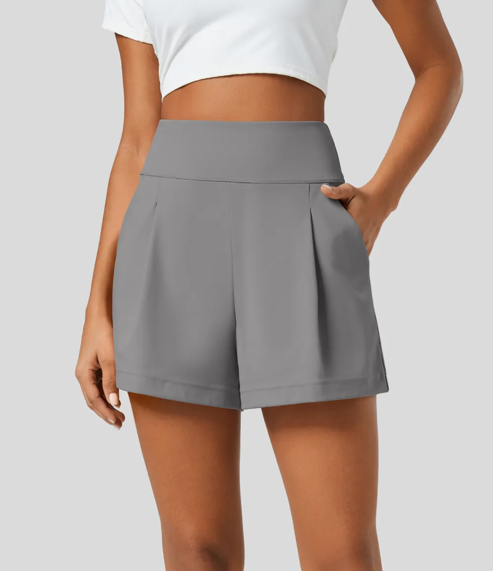 High Waisted Plicated Side Pocket Wide Leg Work Shorts