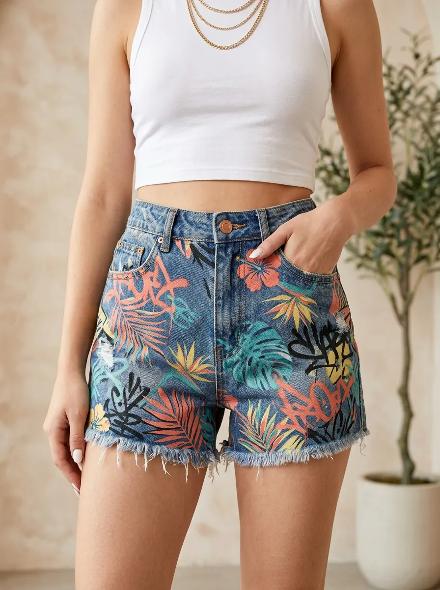 Women's Tropical Graffiti Leaf Distressed Printed Denim Shorts