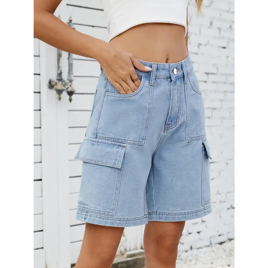 High Waist Pocketed Cargo Denim Shorts