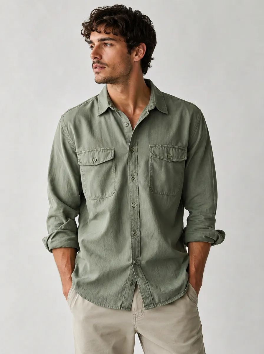 Men's Casual Olive Green Double Pocket Breathable Button-Down Shirt