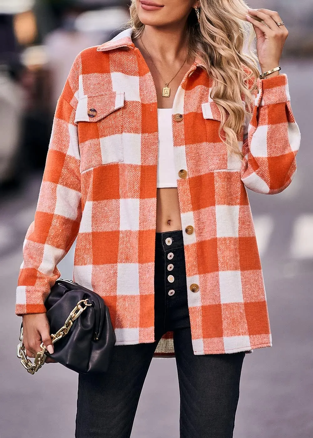 Women's 2023 Fall Clothes Plaid Shacket Jacket Long Sleeve Button Down Flannel Shirts Fashion Blouse