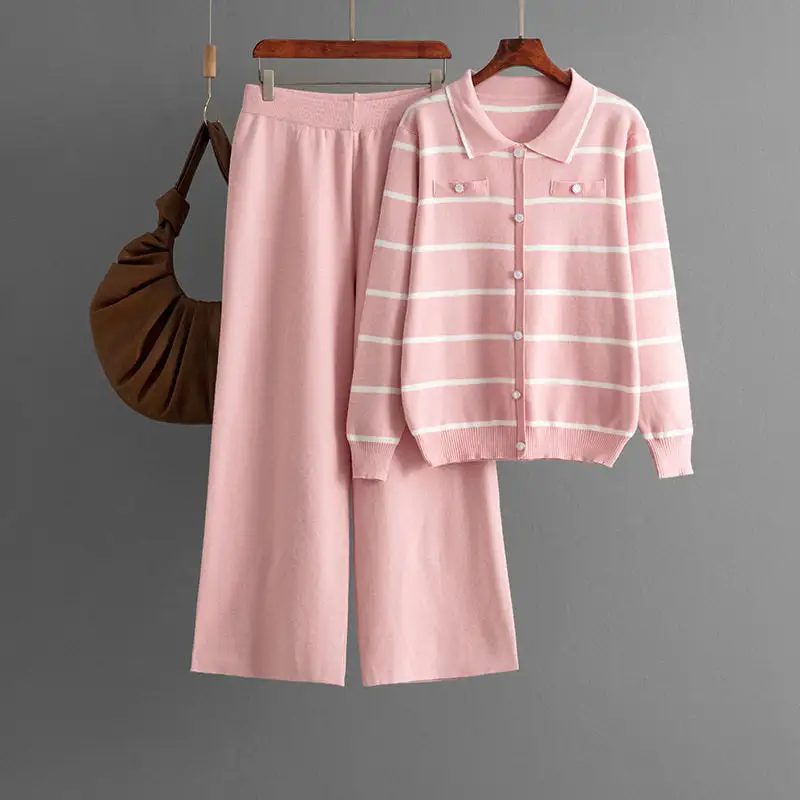Comfort Striped Polo Knit Sweater And Wide Leg Pants Set