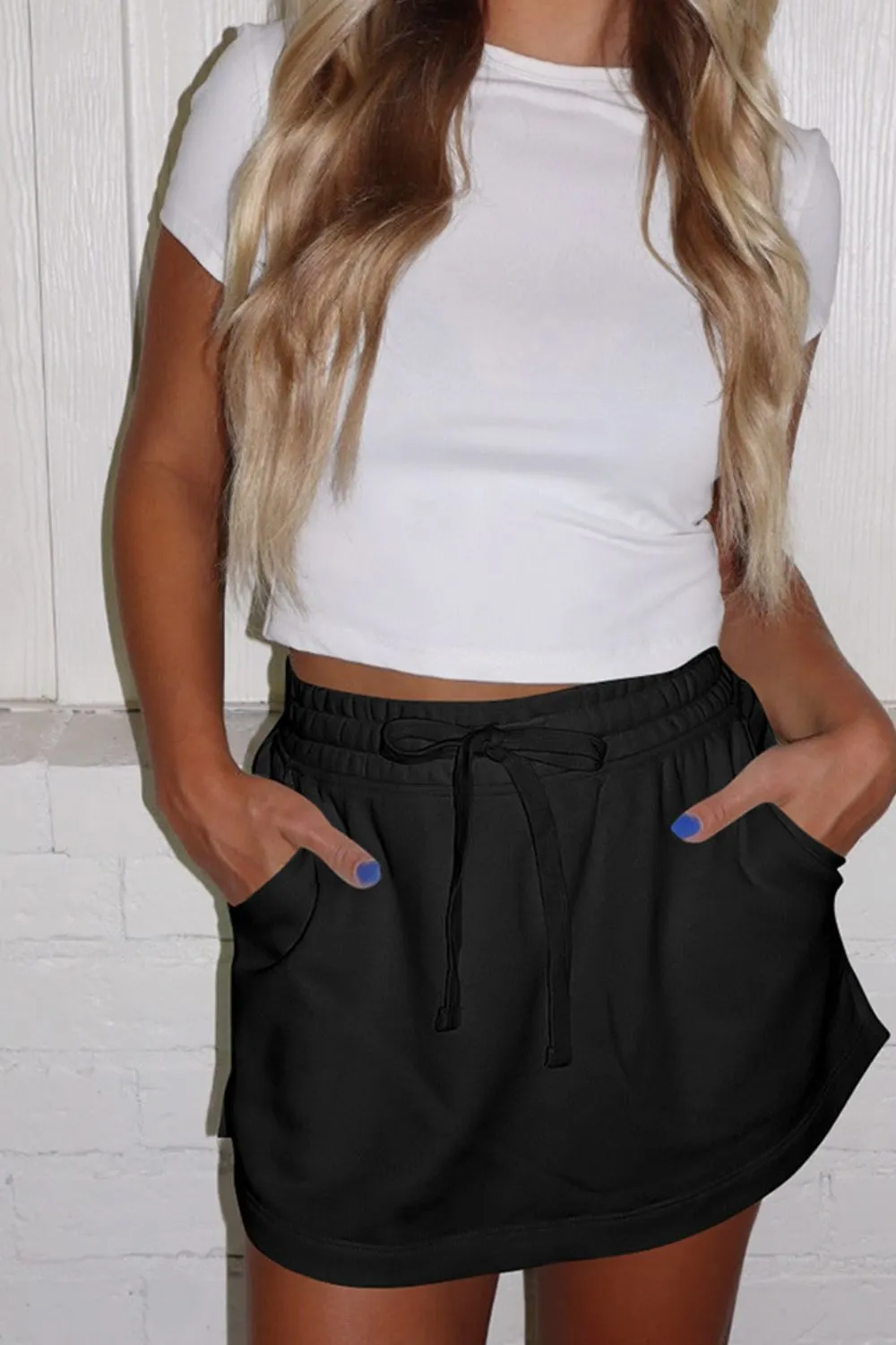 French Terry Drawstring Mini Skort Pocket Skirt