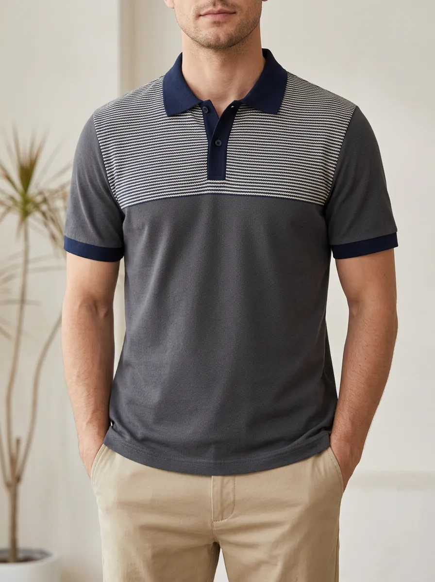 Men's Casual Striped Colorblock Printed Polo Shirt