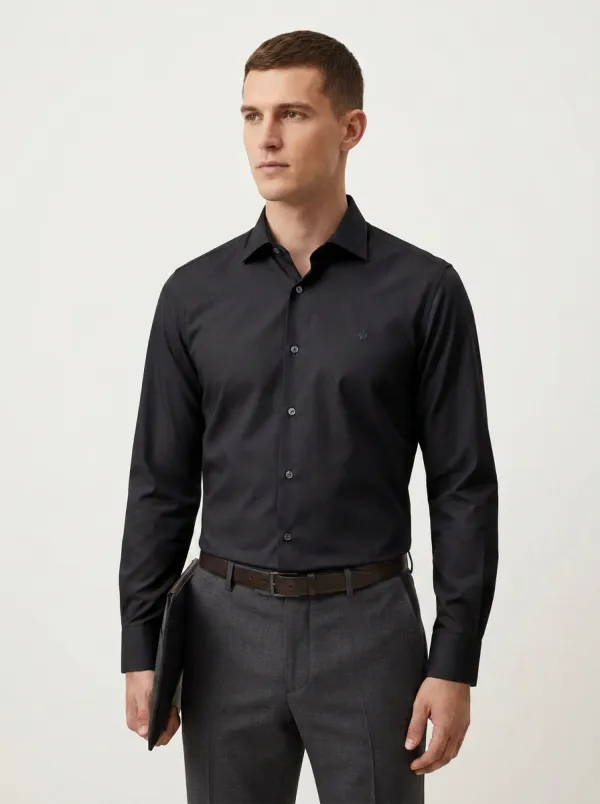Men's Non-Iron Cotton Leaf Logo Embroidered Long Sleeve Shirt
