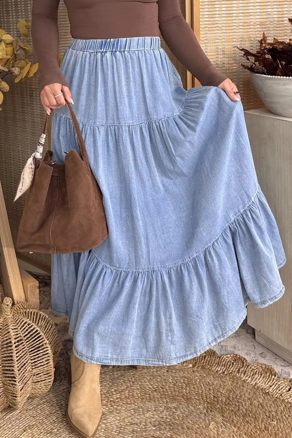 Elastic Waist Ruffled Tiered Flared Maxi Skirt