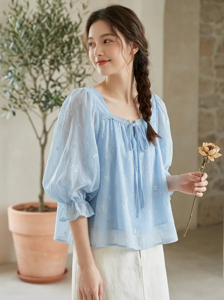 Embroidered Women's Puff-Sleeve Blouse