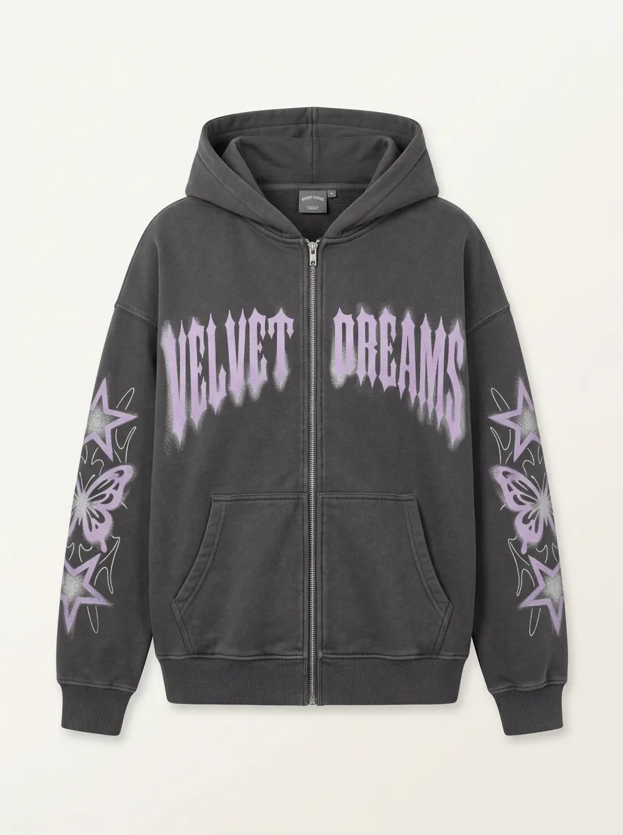Unisex Streetwear Velvet Dreams Butterfly Star Printed Zip-up Hoodie