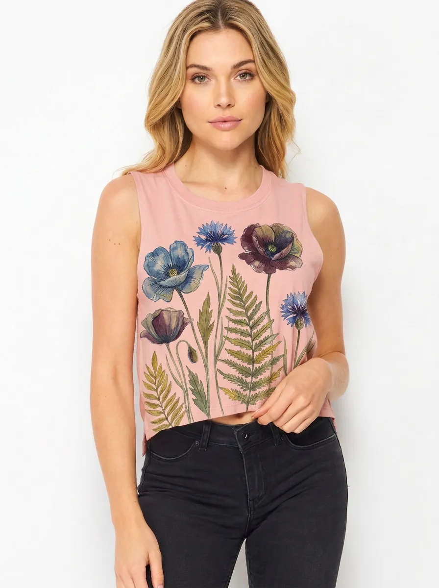 Women's Botanical Poppy Fern Graphic Tank Top