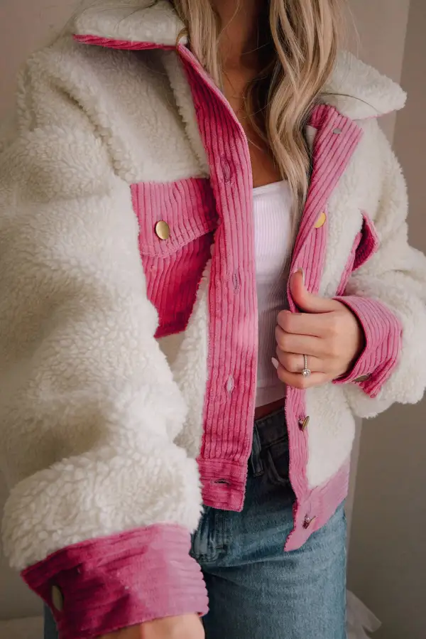 Sherpa Corduroy Patchwork Button-Up Crop Jacket