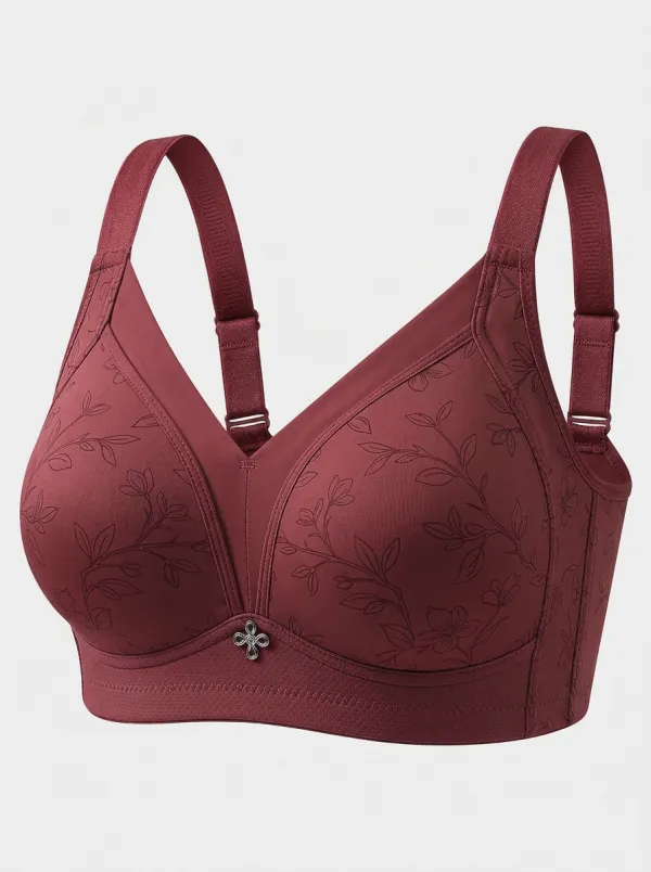 Women's Plus Size Light Grey Floral Full-Coverage V-Neck Wireless Bra