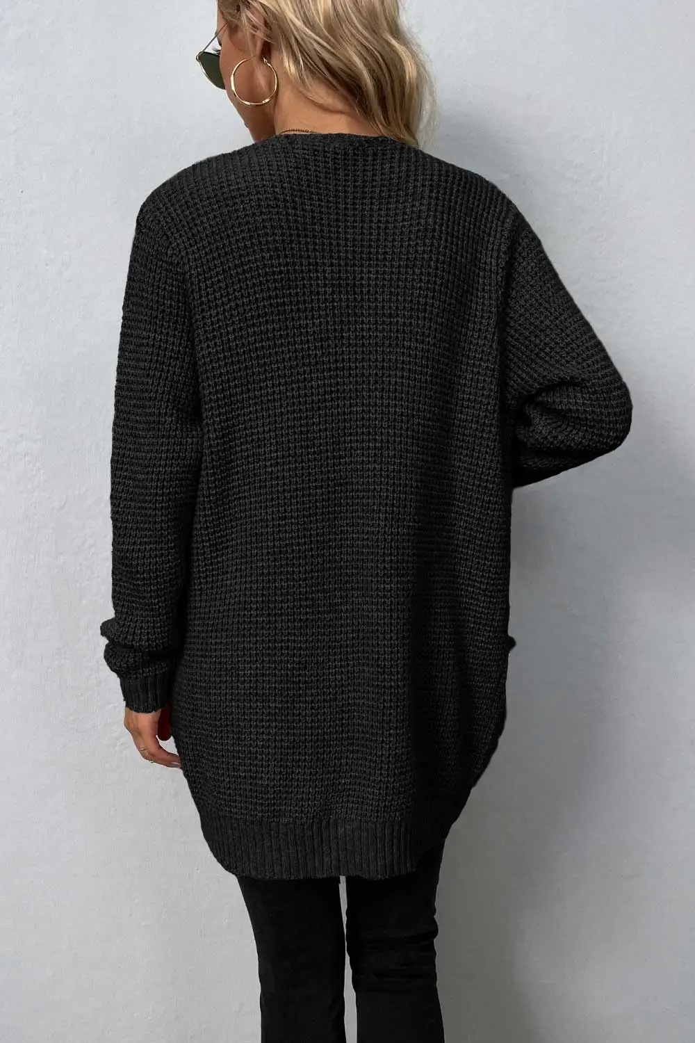Rib-Knit Open-Front Pocketed Cardigan
