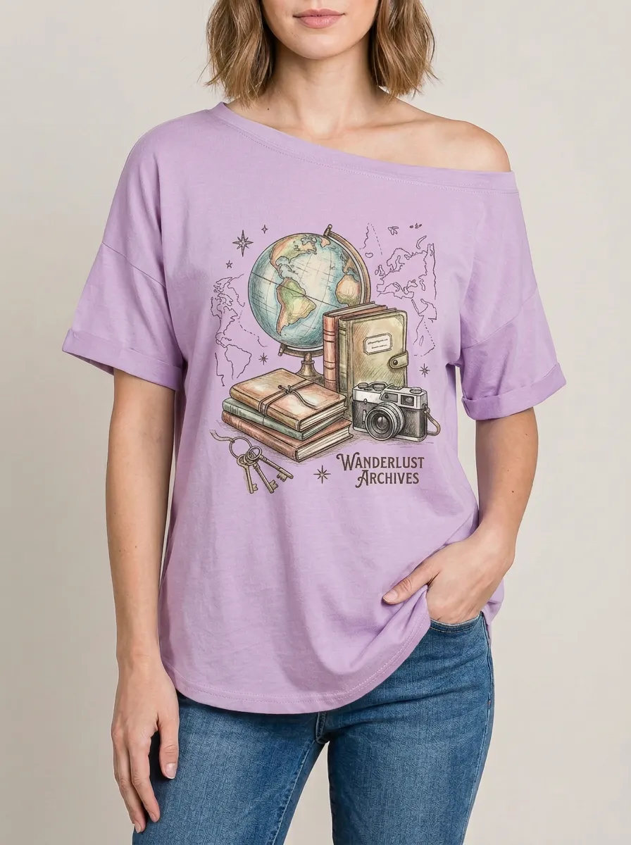 Women's Travel Globe Books Camera Graphic T-Shirt