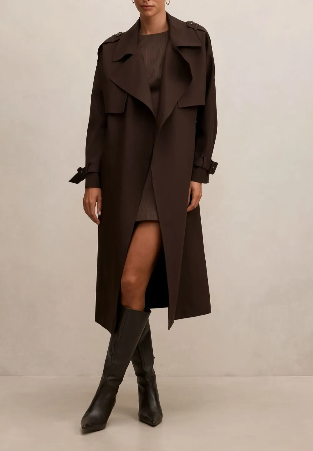 Rich Brown Belted Long Double-Breasted Trench Coat