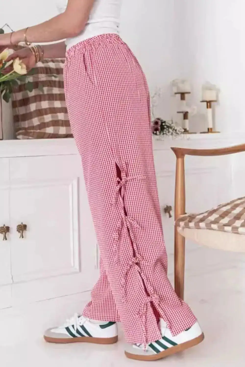Tie Waist Pocketed Side Tie Slit Detail Pants