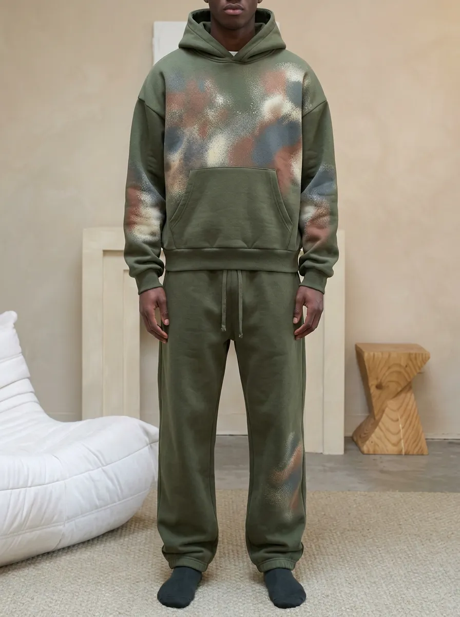 Men's Streetwear Olive Spray Paint Printed Hoodie Sweatpants Set