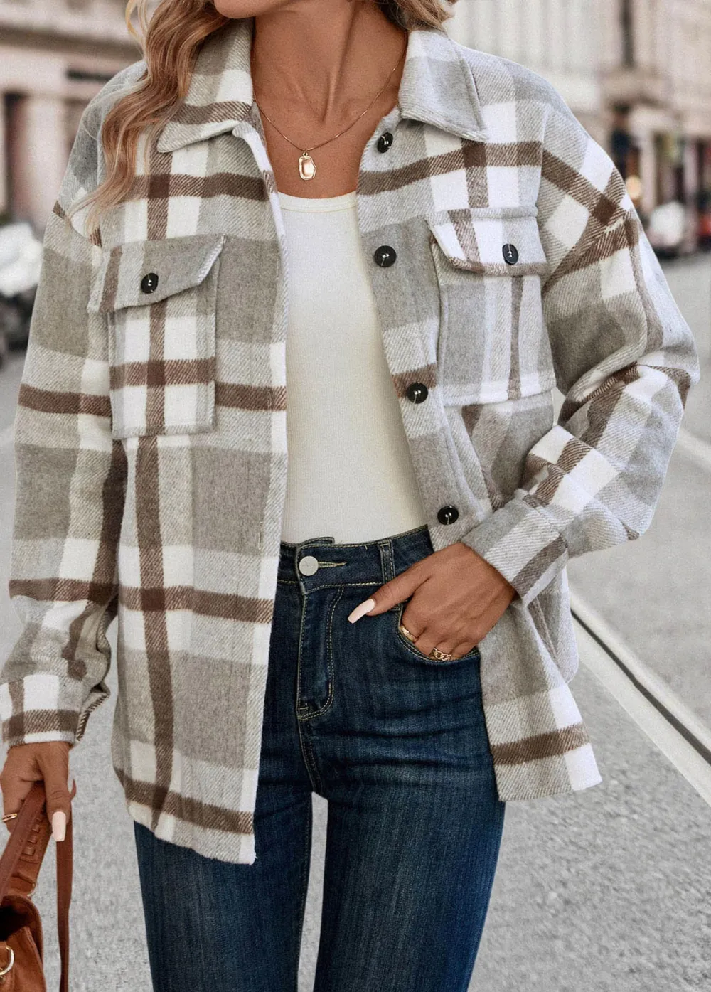 Light Grey Pocket Plaid Long Sleeve Shirt Collar Coat