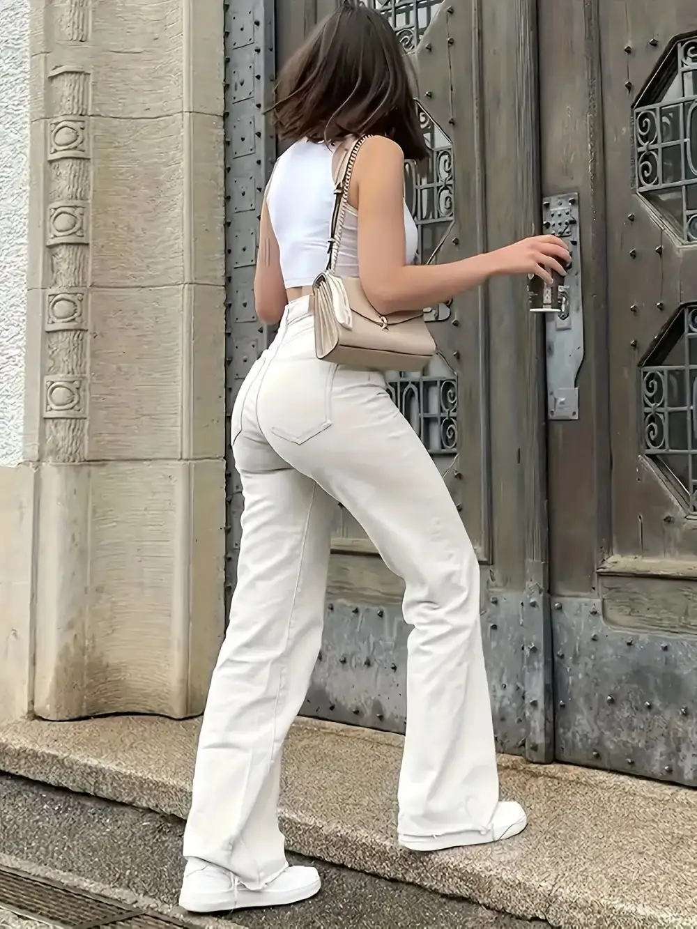 Lace Trim Pleated Denim Jeans