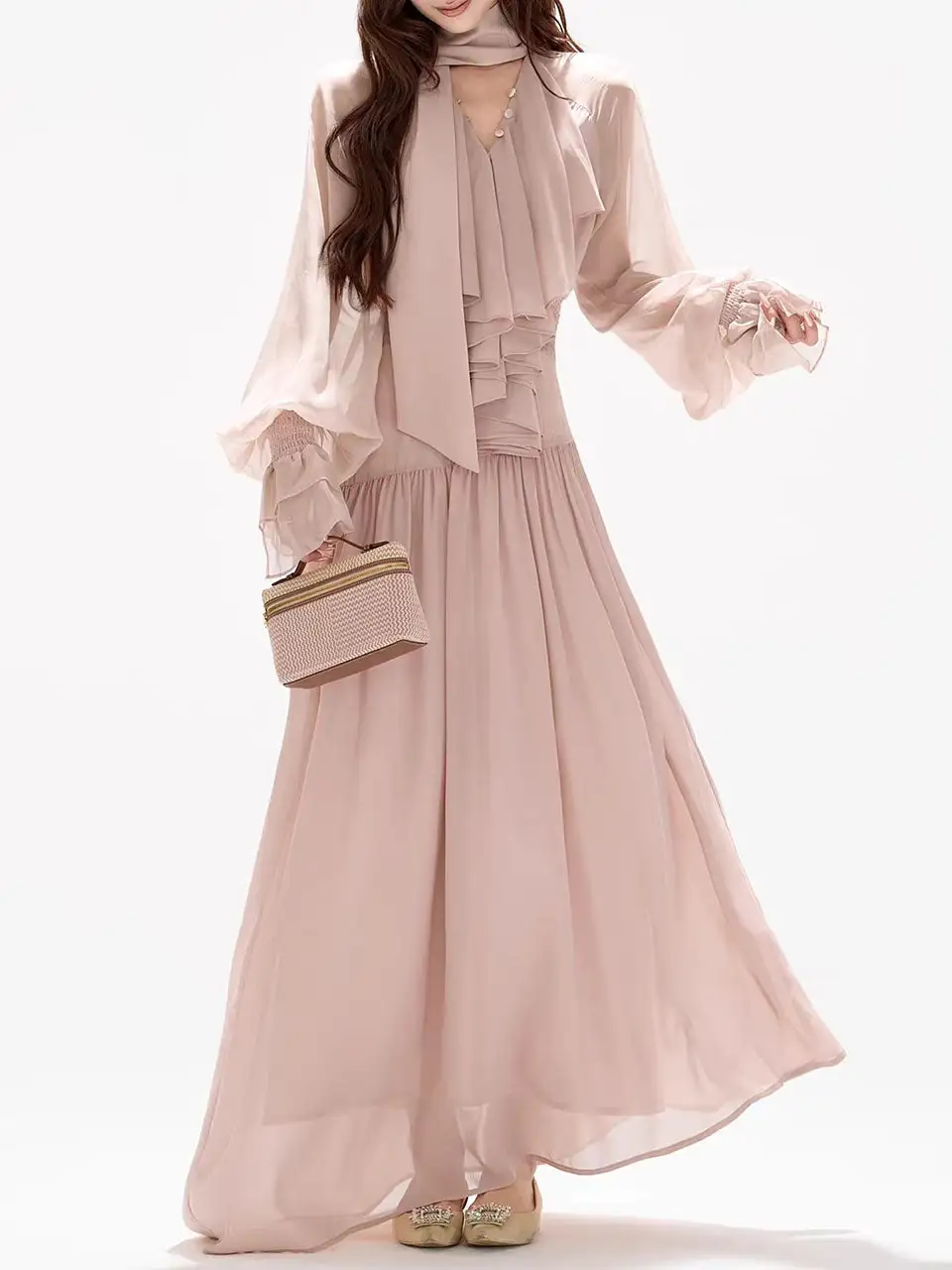 Chiffon Bow Flowy Maxi Dress