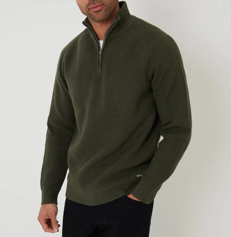 Forest Green Rib Panel Quarter-Zip Knit Sweater