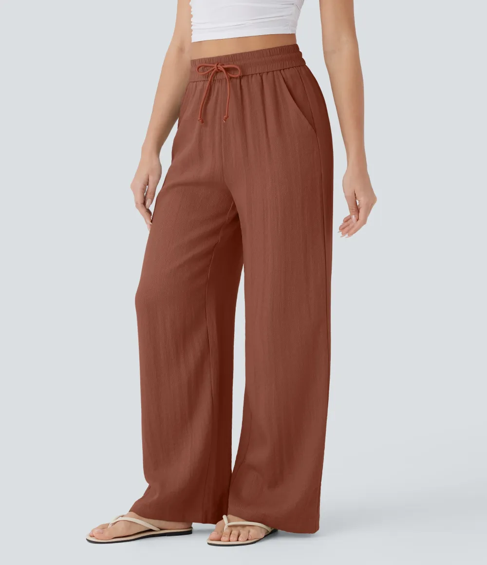 2026🔥  High Waisted Drawstring Pocket Wide Leg Casual Linen-Feel Pants
