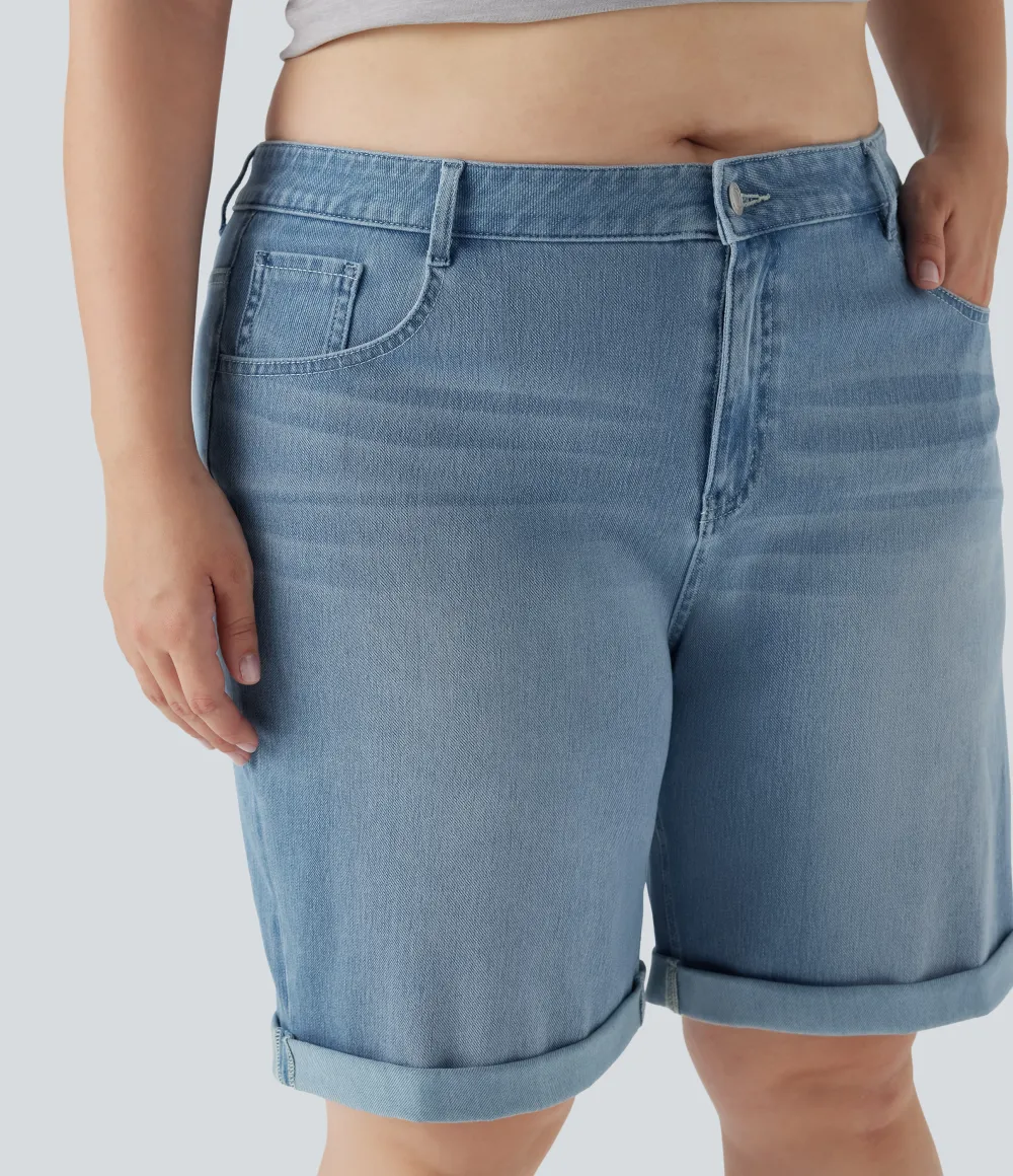  High Waisted Multiple Pockets Rolled Hem Washed Stretchy Knit Denim Casual Plus Size Bermuda Shorts