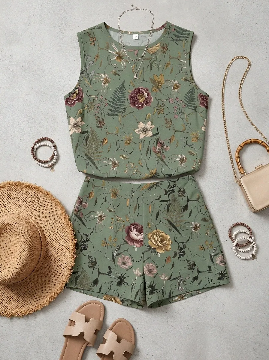 Women's Botanical Garden Floral Printed Sleeveless Set