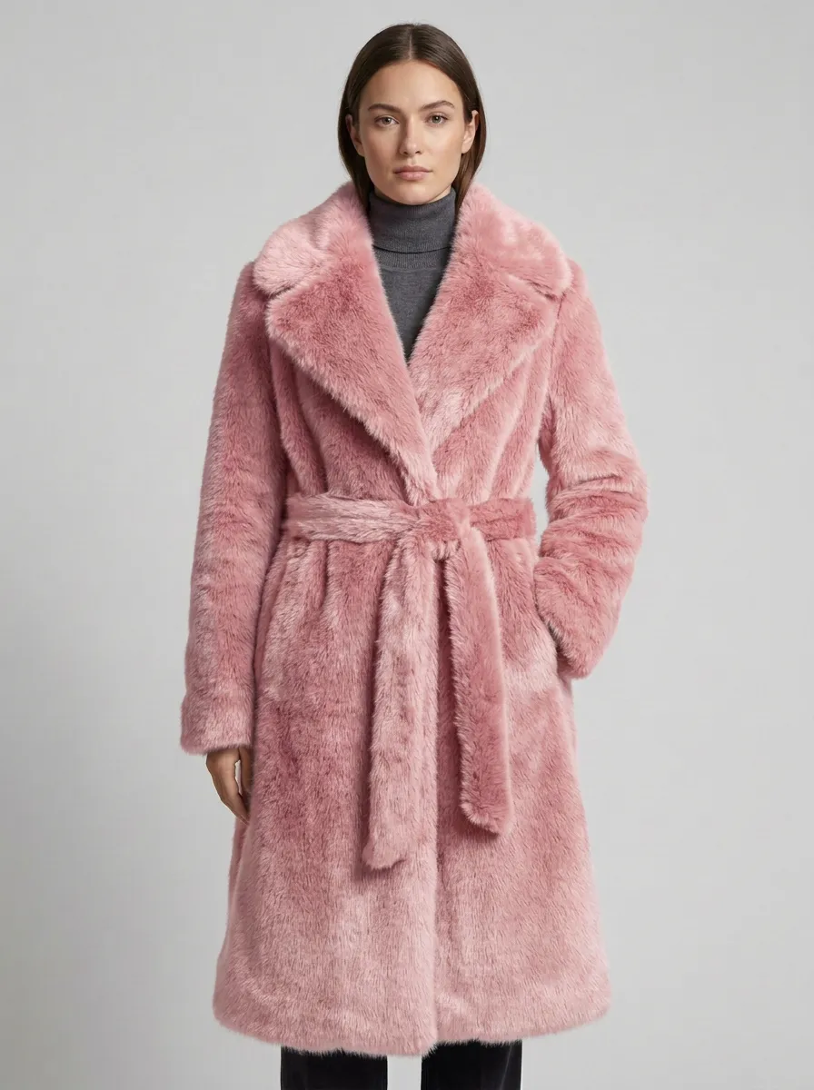 Texture Faux Fur Belted Coat