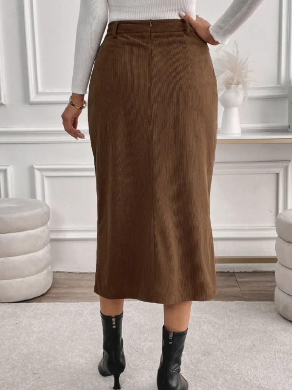 Pocket Side Slit Midi Skirt