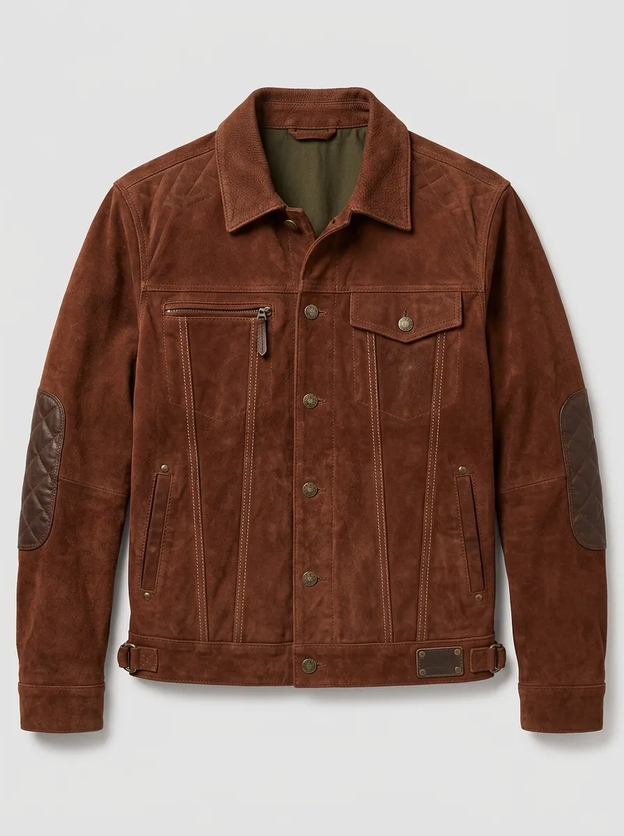 Men's Vintage Style Brown Suede Quilted Elbow Patch Jacket