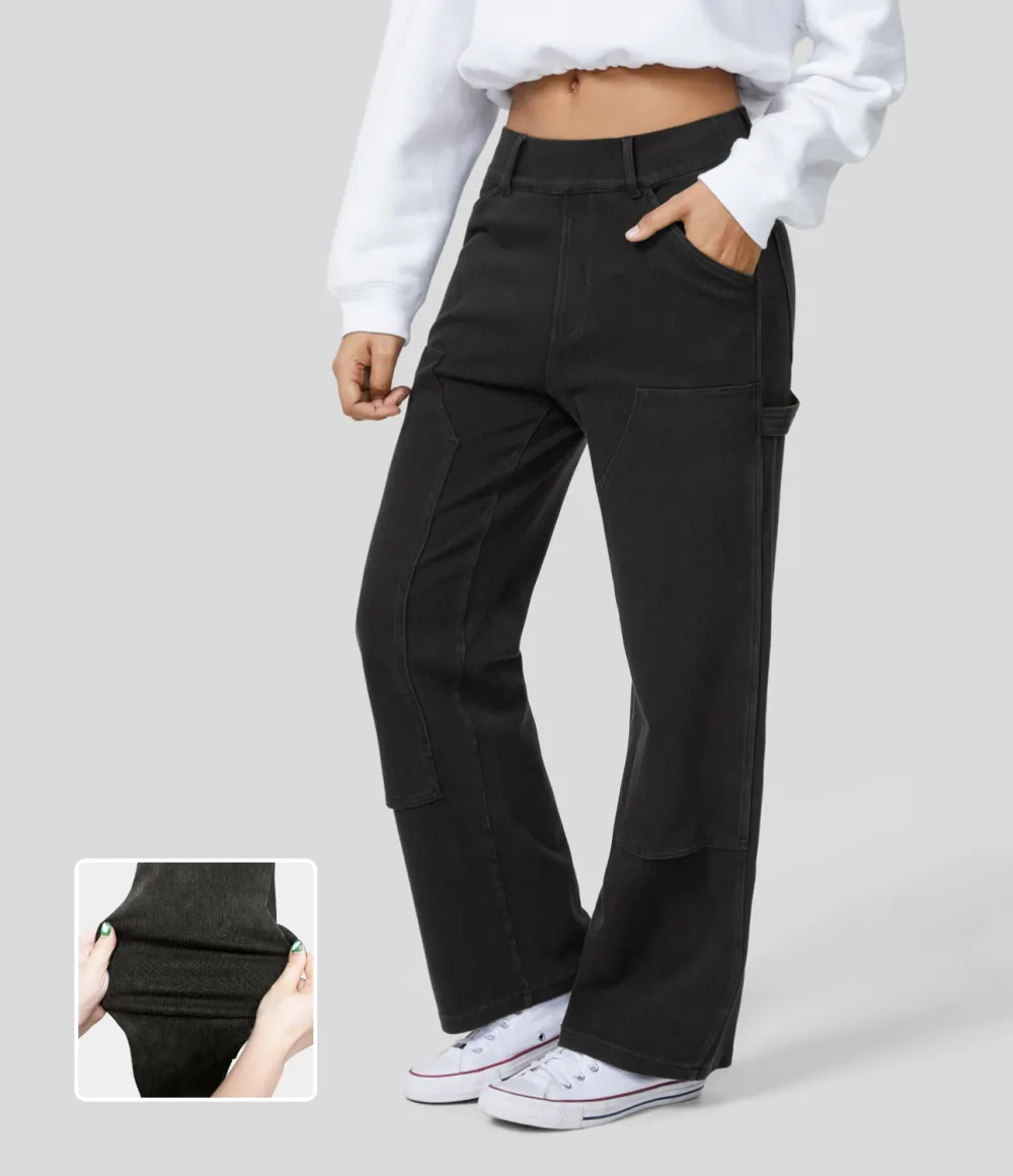 Magic Mid Rise Utility Pockets Straight Leg Stretchy Knit Lumberjack Style Casual Boyfriend Jeans