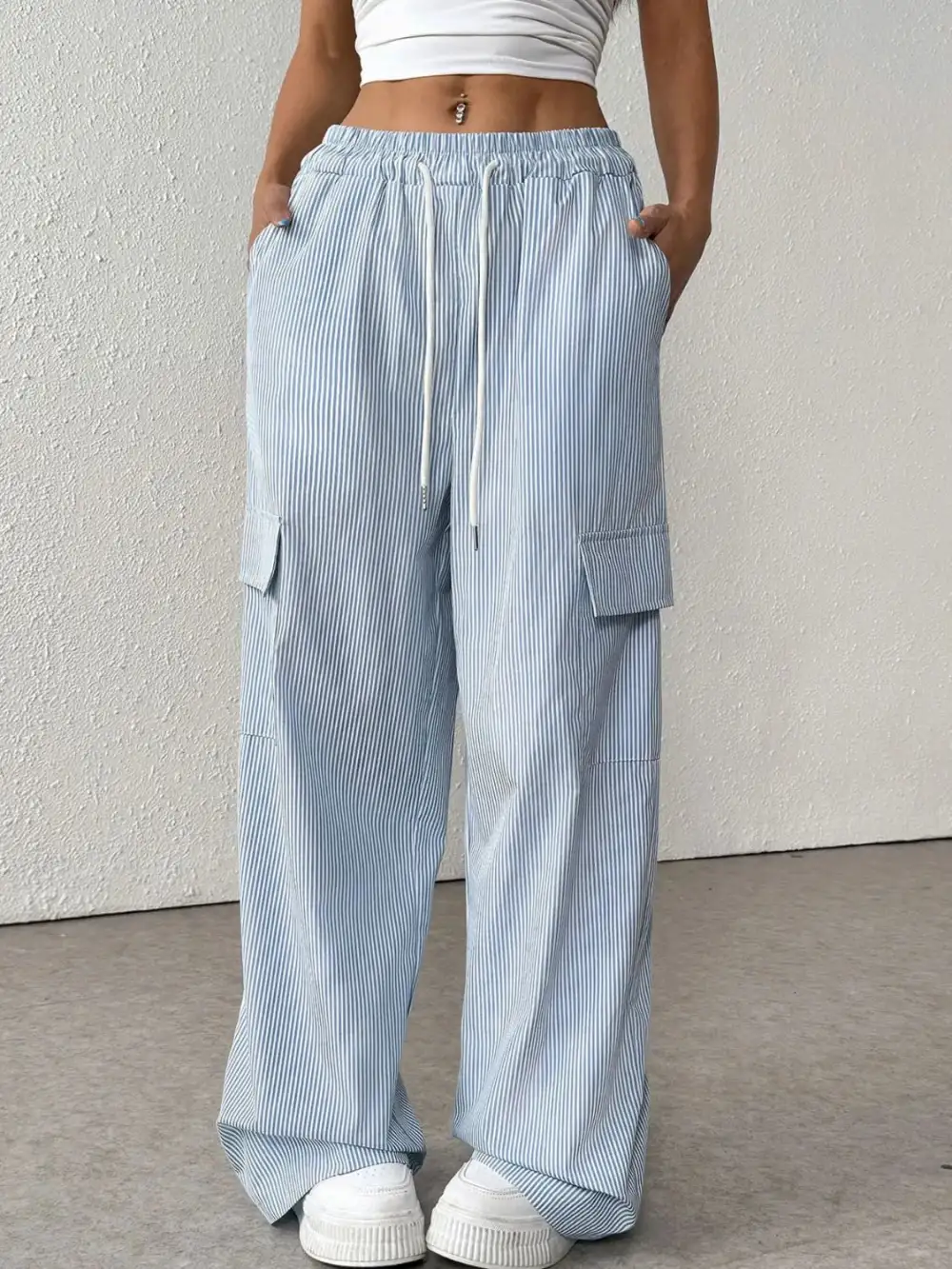 Wide Leg Drawstring Striped Pocketed Cargo Pants